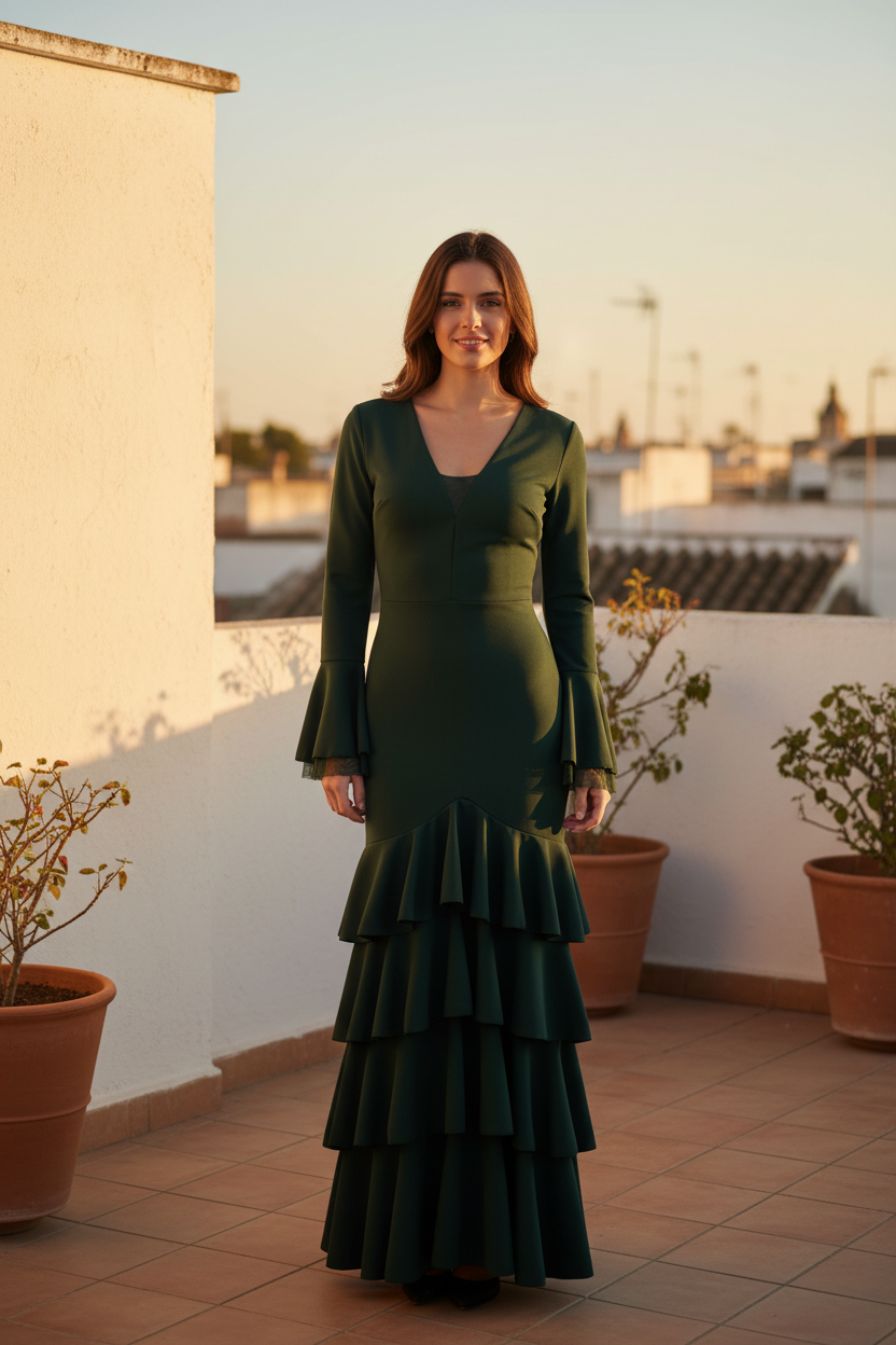 Traje de flamenca con Volantes y Escote V | Mangas Campana