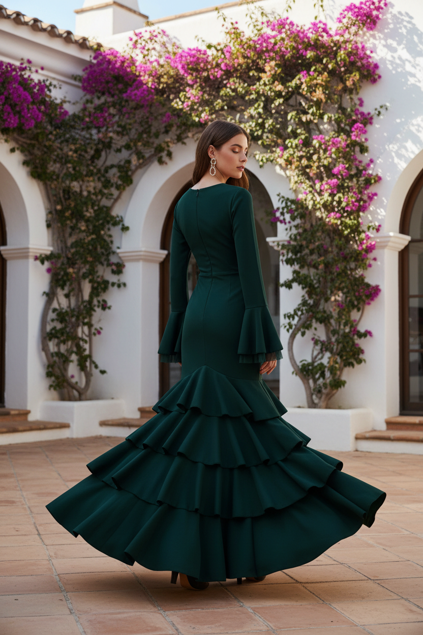 Traje de flamenca con Volantes y Escote V | Mangas Campana