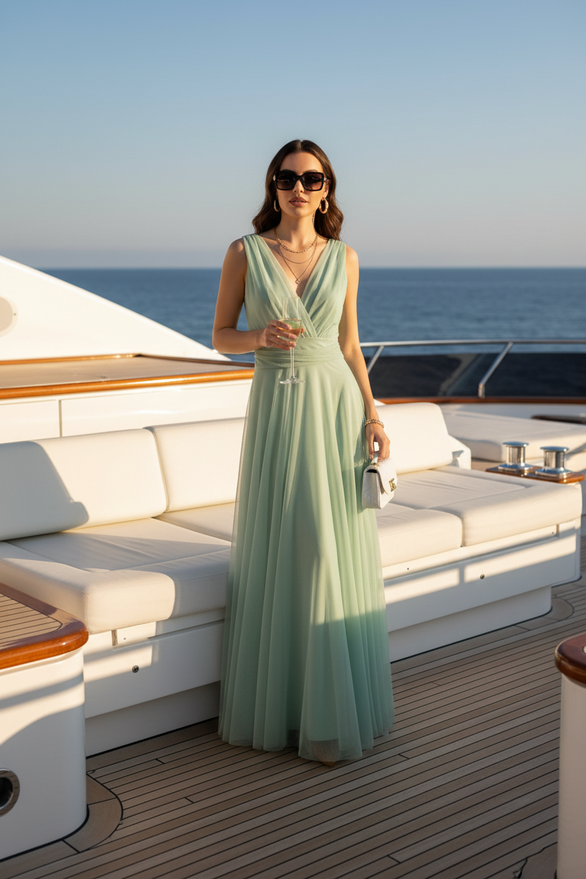 Vestido Verde Menta Cruzado con Tul - Frescura y Elegancia