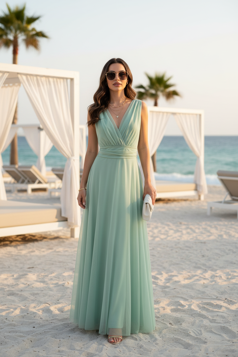 Vestido Verde Menta Cruzado con Tul - Frescura y Elegancia