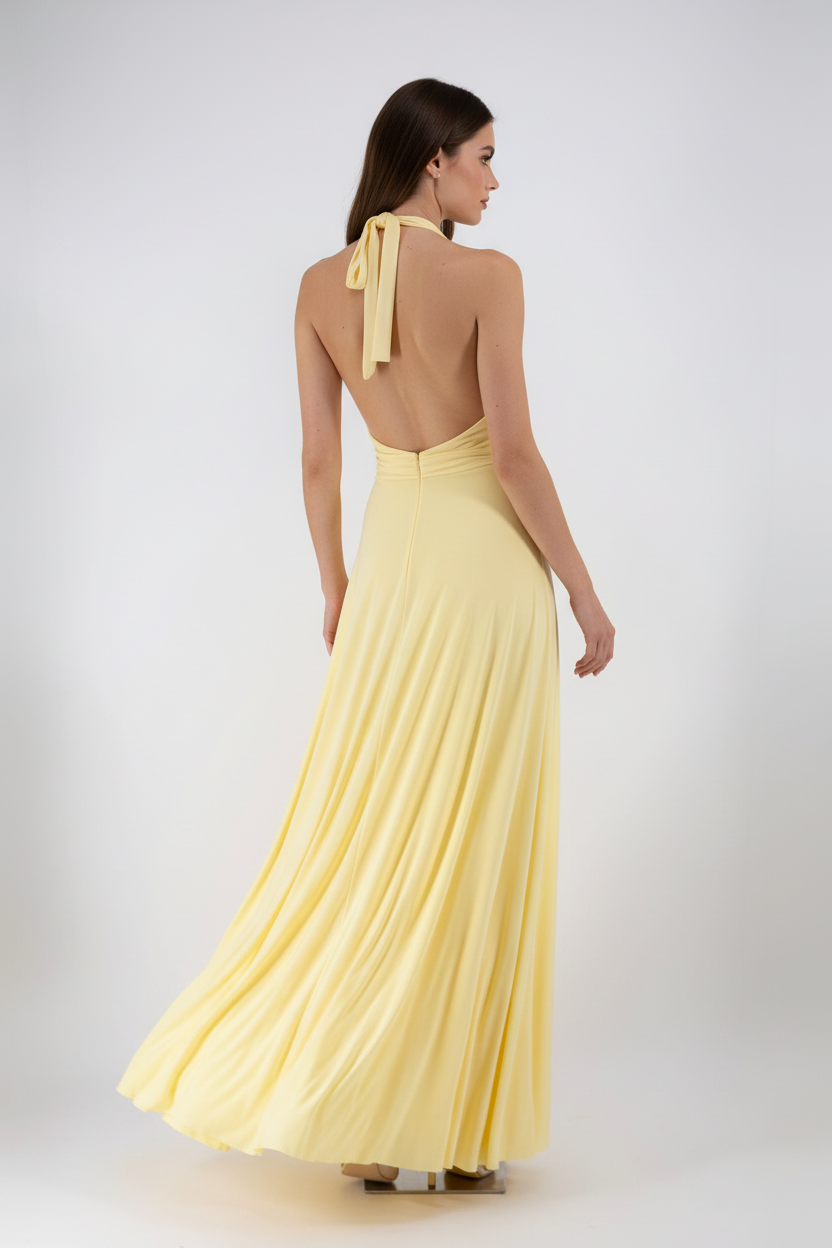 Vestido Amarillo Pastel Halter - Vestido de Fiesta Elegante con Broche Joya