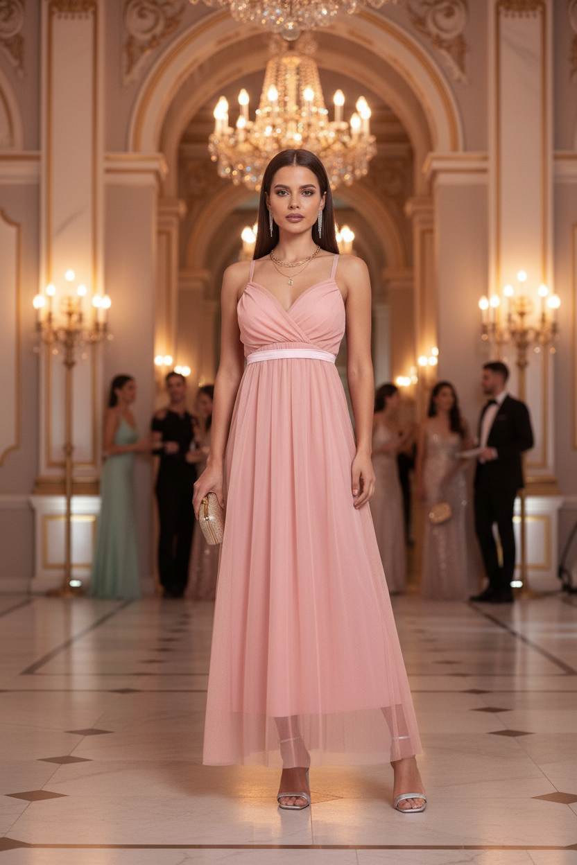 Vestido Rosa Pastel Tul - Vestido de Fiesta Romántico con Tirantes