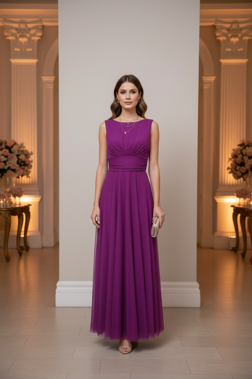 Vestido Magenta Tul - Vestido de Fiesta Elegante con Escote Barco