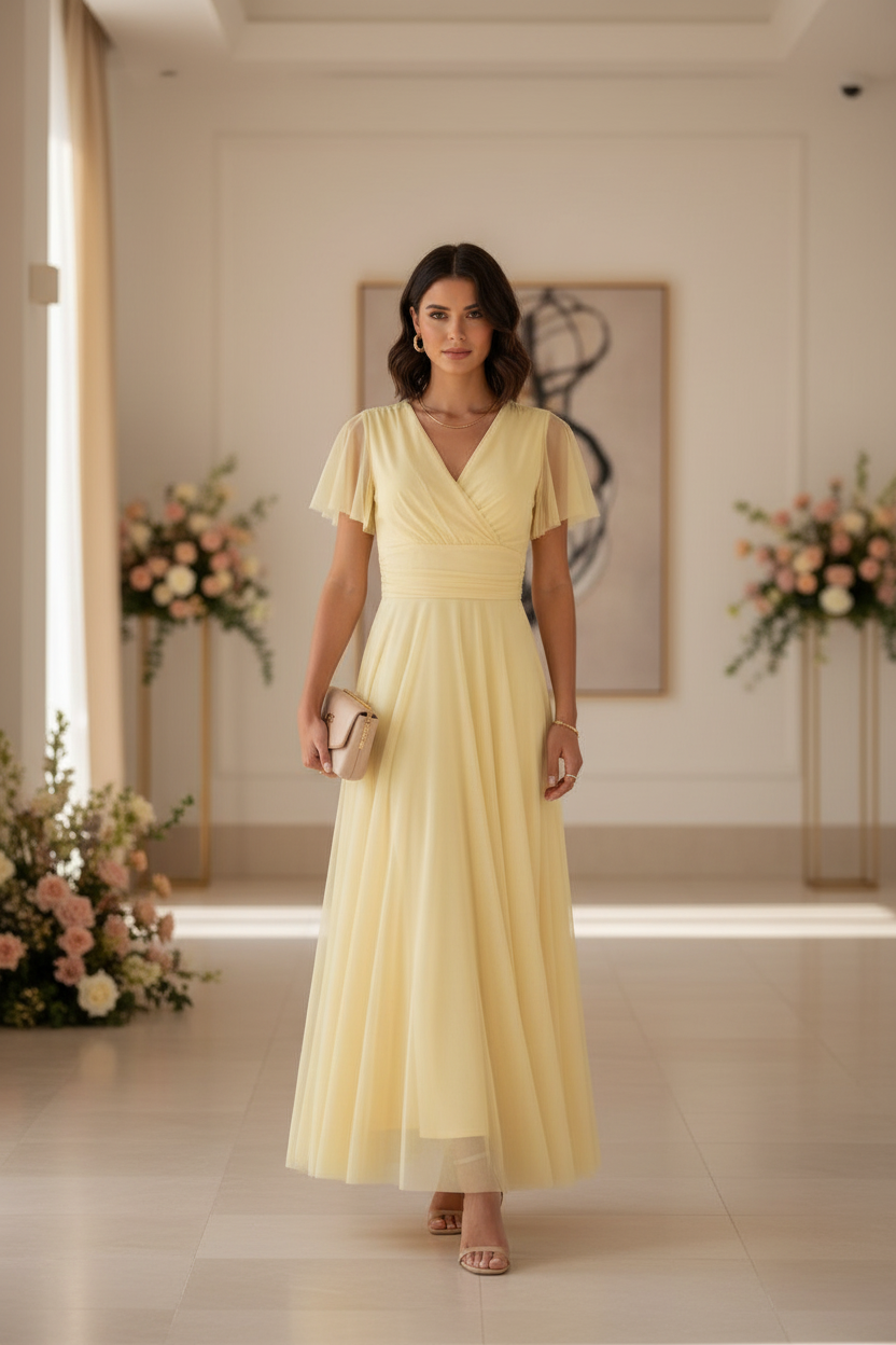 Vestido Amarillo con Mangas de Tul - Dulzura Mediterránea