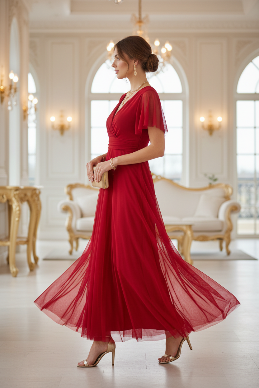 Vestido Rojo con Tul y Mangas Cortas - Romanticismo Atemporal