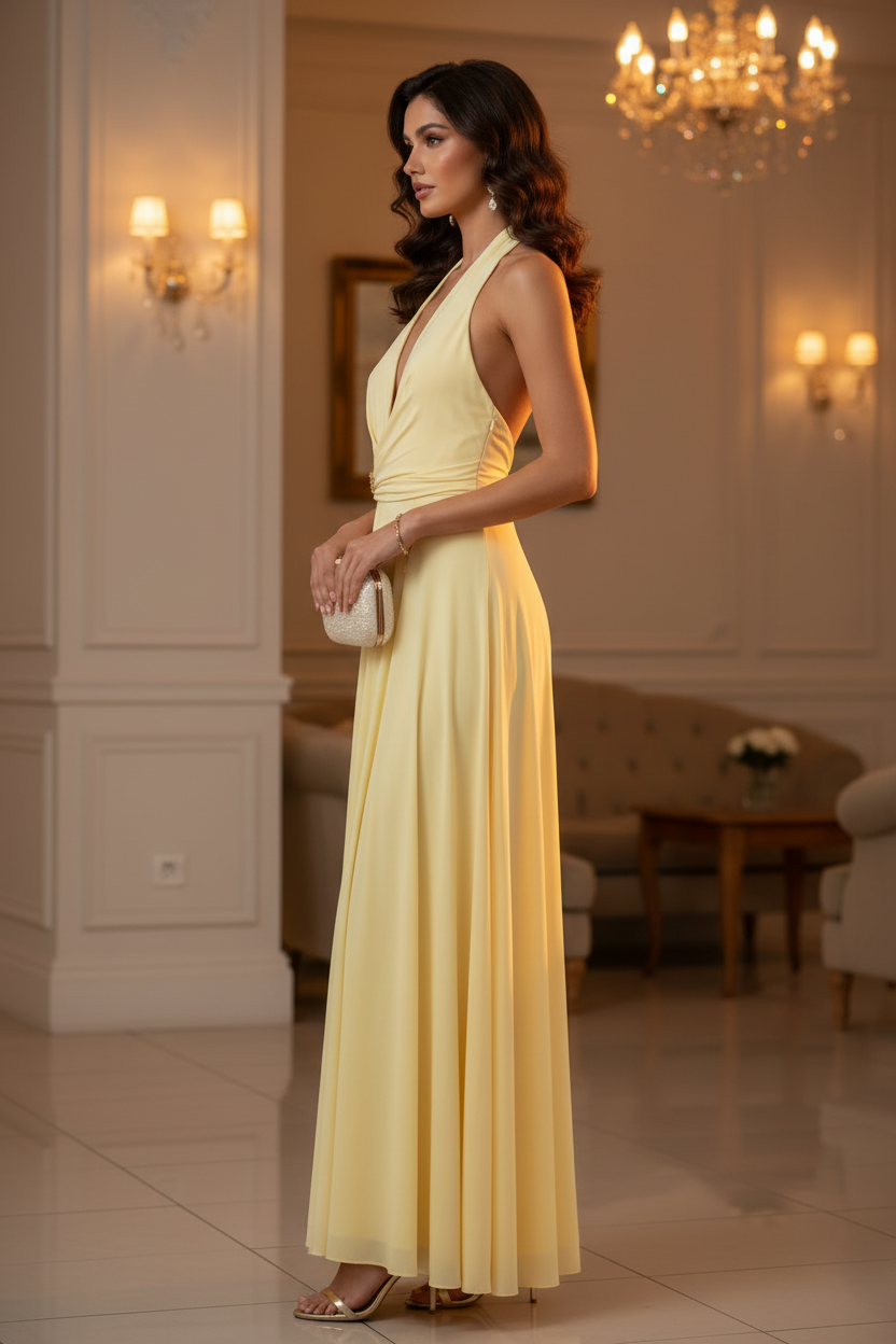 Vestido Amarillo Pastel Halter - Vestido de Fiesta Elegante con Broche Joya