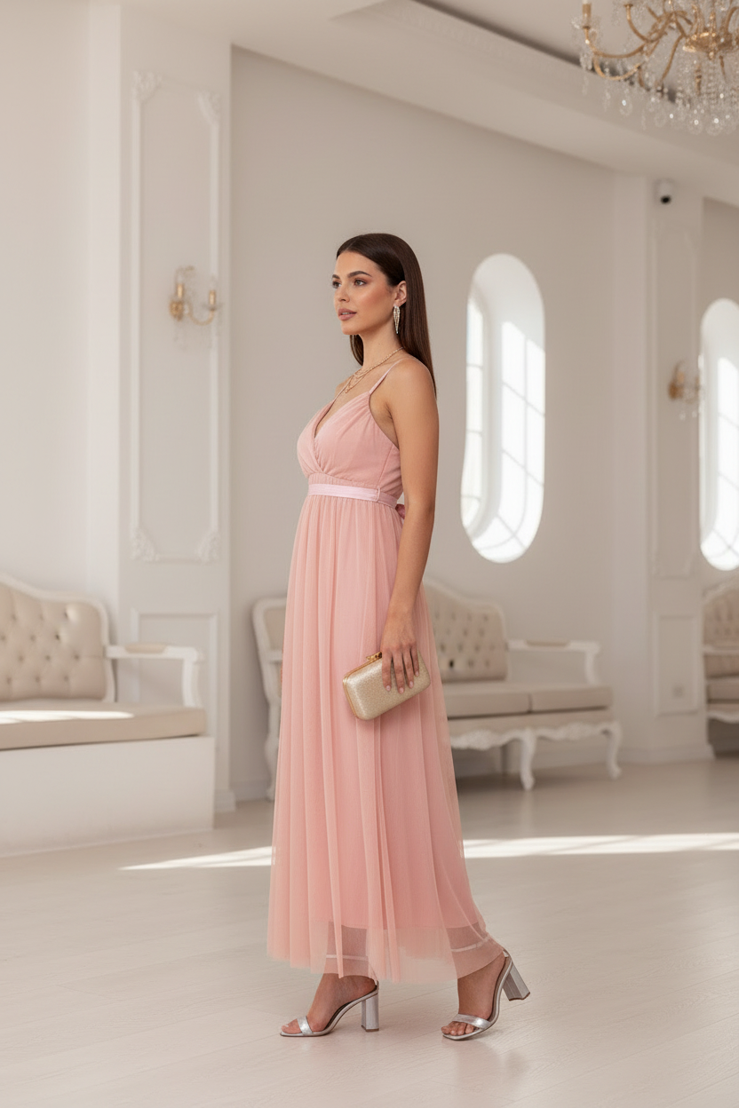 Vestido Rosa Pastel Tul - Vestido de Fiesta Romántico con Tirantes