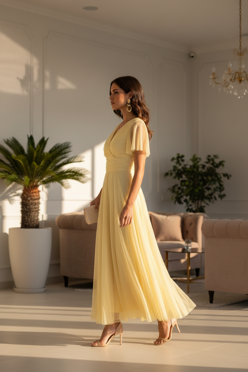 Vestido Amarillo con Mangas de Tul - Dulzura Mediterránea