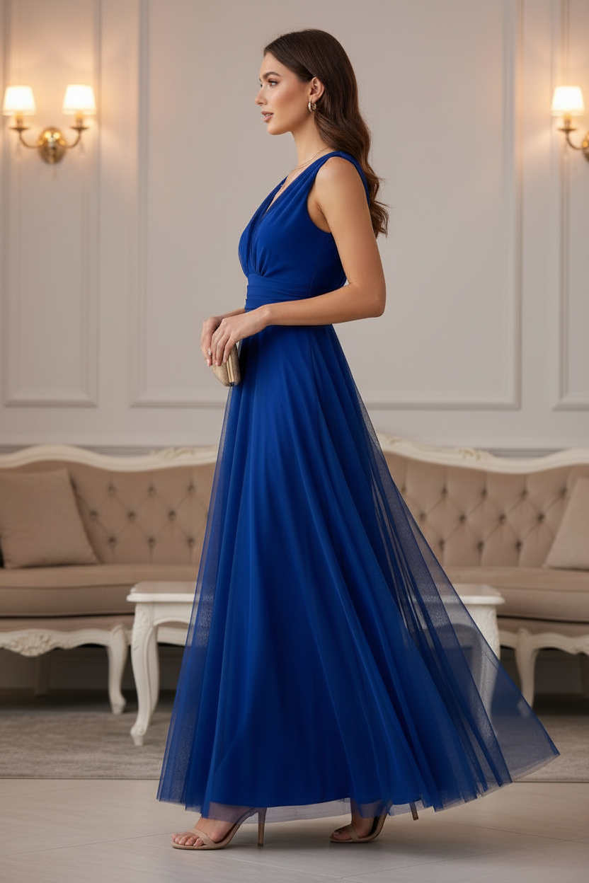 Vestido Azul Klein Cruzado con Tul - Elegancia Atemporal