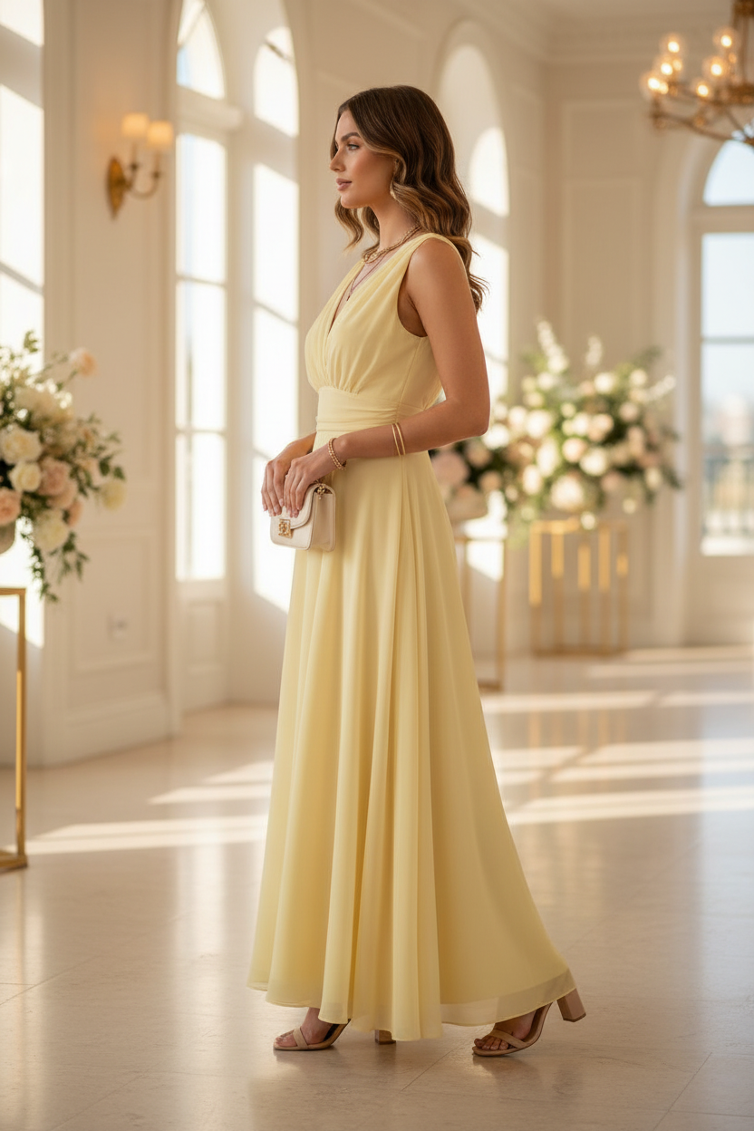 Vestido Amarillo Pastel Halter - Vestido de Fiesta Elegante con Broche Joya