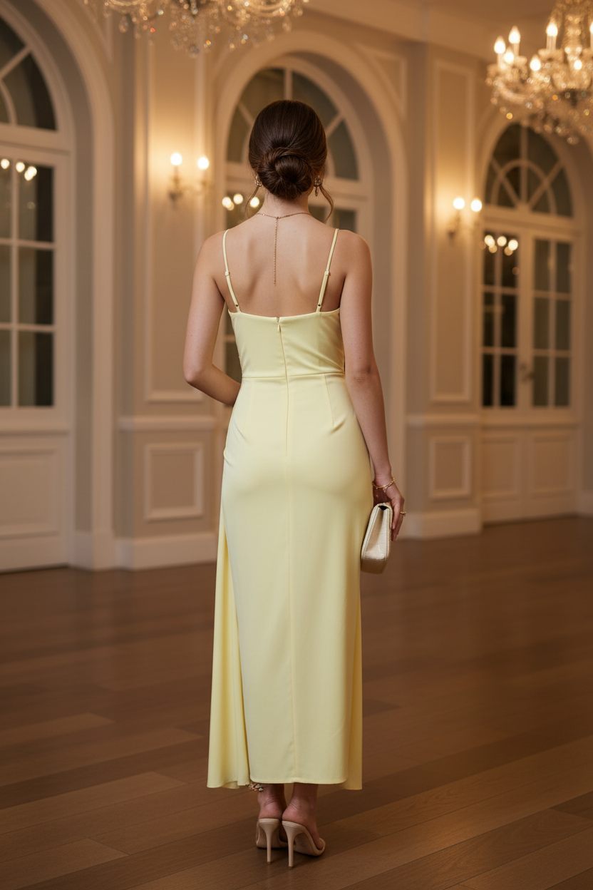 Vestido Amarillo Pastel Satinado Cruzado - Dulzura Sofisticada