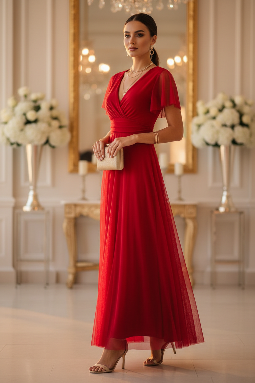 Vestido Rojo con Tul y Mangas Cortas - Romanticismo Atemporal