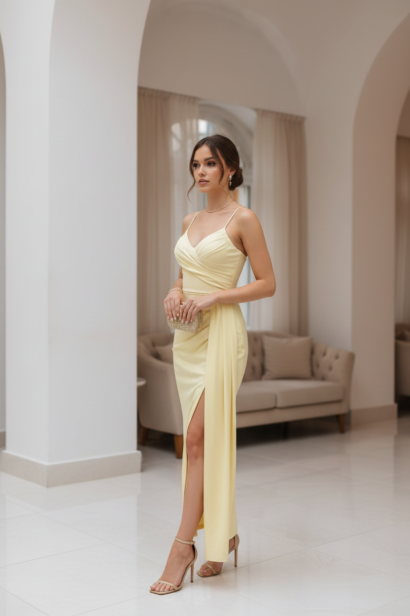 Vestido Amarillo Pastel Satinado Cruzado - Dulzura Sofisticada