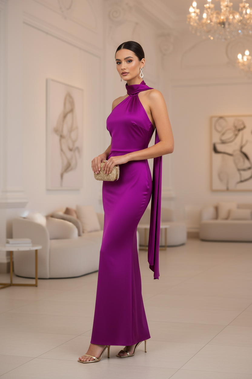 Vestido Magenta Halter - Vestido de Fiesta Elegante con Cuello Halter