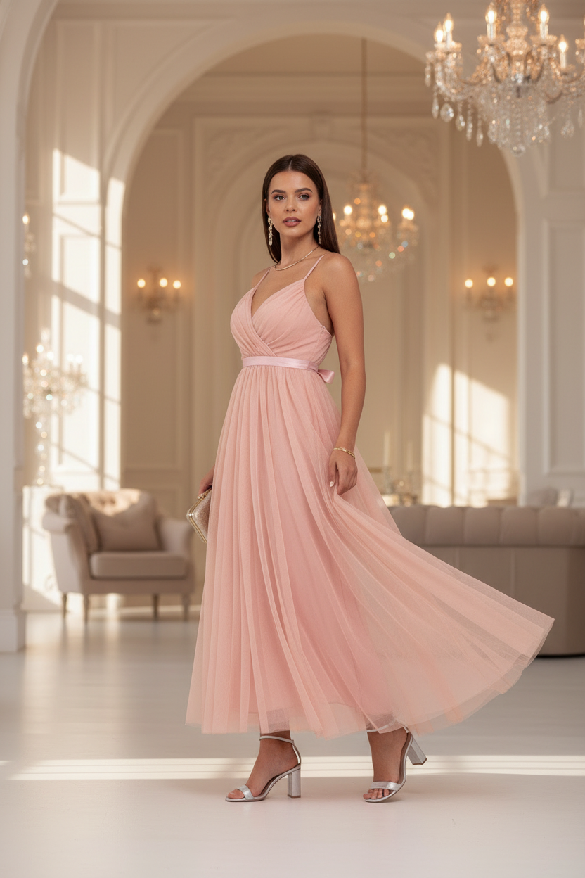Vestido Rosa Pastel Tul - Vestido de Fiesta Romántico con Tirantes