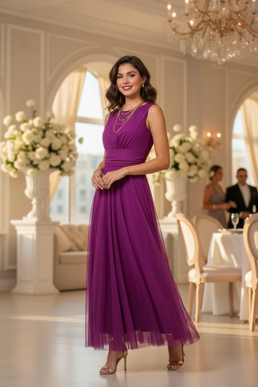 Vestido Magenta Tul - Vestido de Fiesta Elegante con Escote Barco