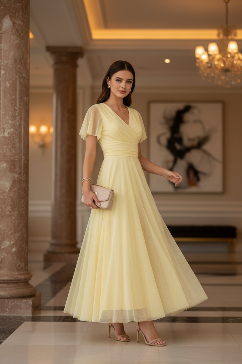 Vestido Amarillo con Mangas de Tul - Dulzura Mediterránea