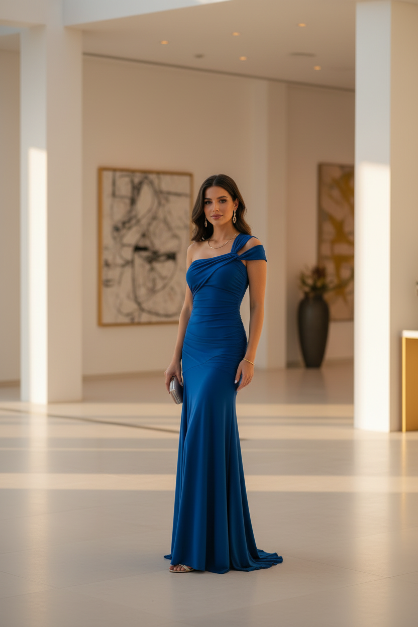 Vestido Azul Eléctrico Asimétrico con Lazo