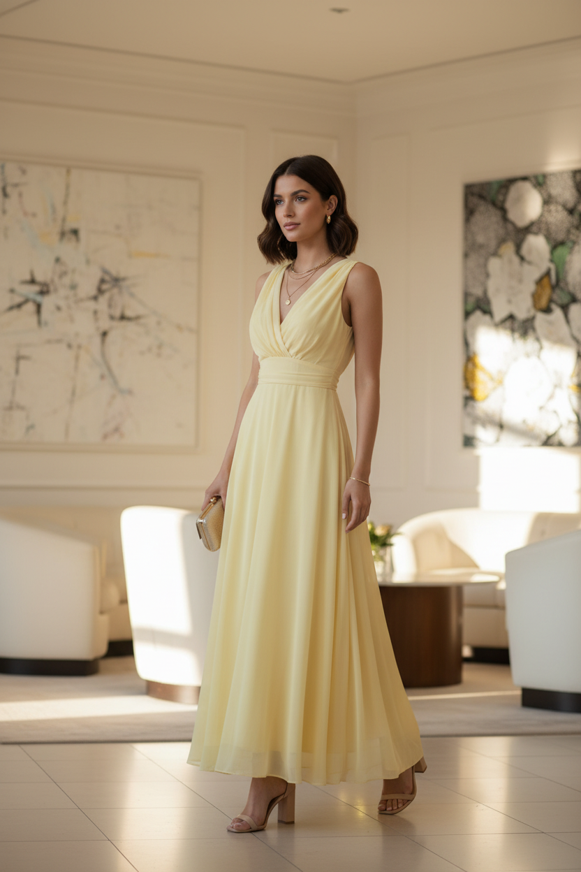 Vestido Amarillo Pastel Cruzado - Dulzura y Elegancia